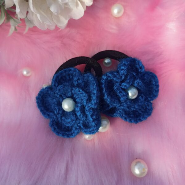 Double Layered Crochet Blue Flowers Rubber Band | Blue Flowers | Small | Handmade | Set of 2 - Image 2