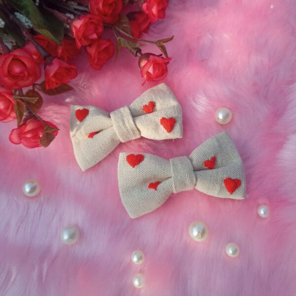 White Cotton Hair Bow with Heart Embroidery - Image 3