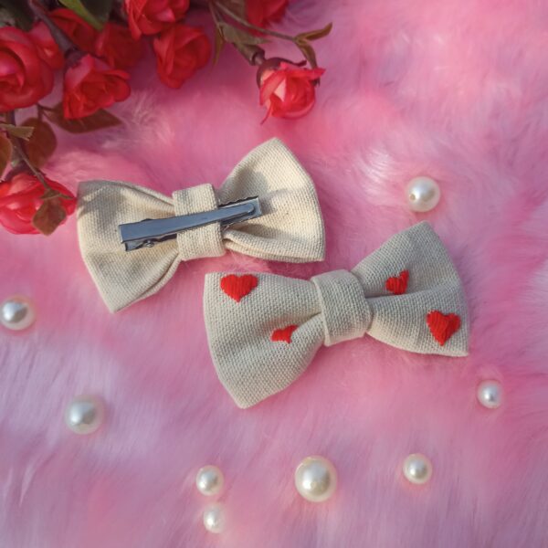 White Cotton Hair Bow with Heart Embroidery - Image 4