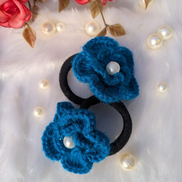 Double Layered Crochet Blue Flowers Rubber Band | Blue Flowers | Small | Handmade | Set of 2 - Image 3