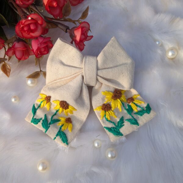 White Cotton Hair Bow with Sunflower Embroidery | Large | Inspired by Nature - Image 3