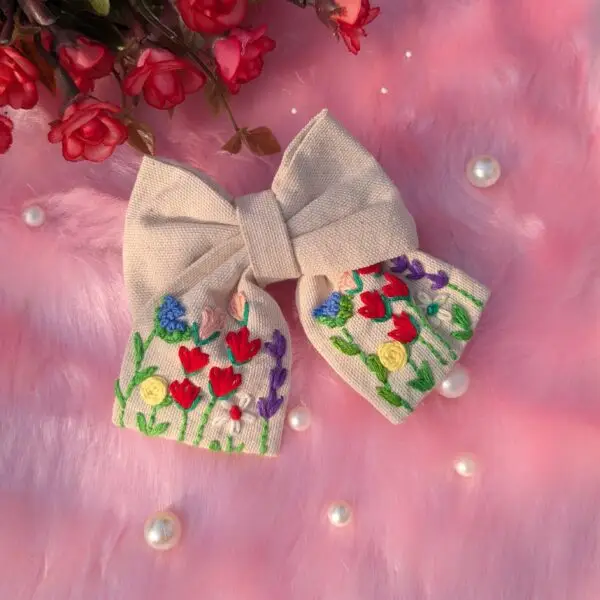 White Cotton Hair Bow with Floral Embroidery | Set of 2 - Image 3