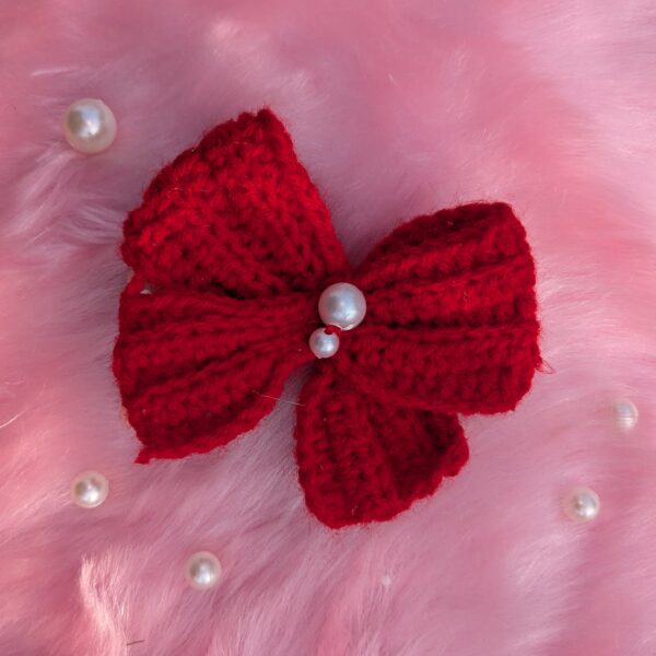 Red Woolen Hair Bow with Pearls in Center | Medium Size | Crochet | Handmade - Image 2