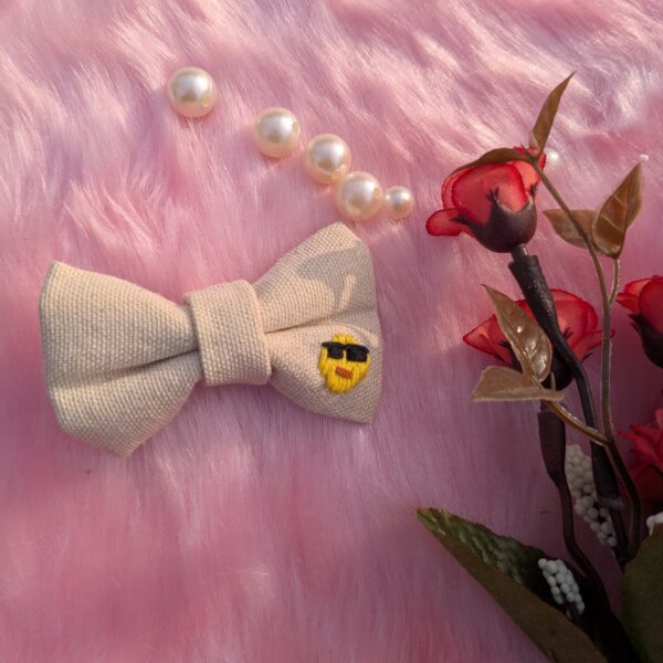 White Cotton Hair Bow with Smart Face Emoji Embroidery