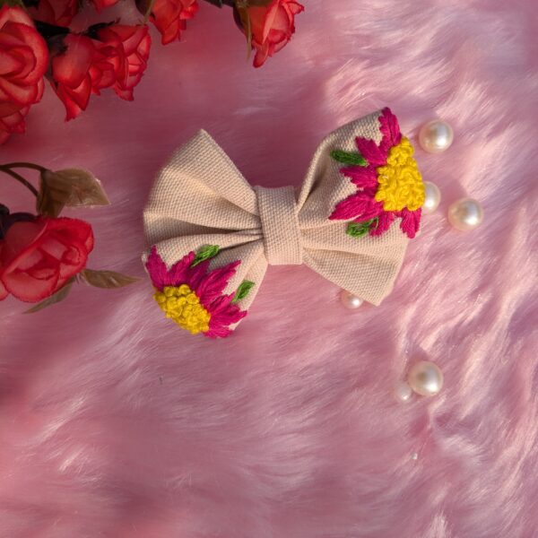 White Cotton Hair Bow with Pink Half Flower Embroidery | Medium