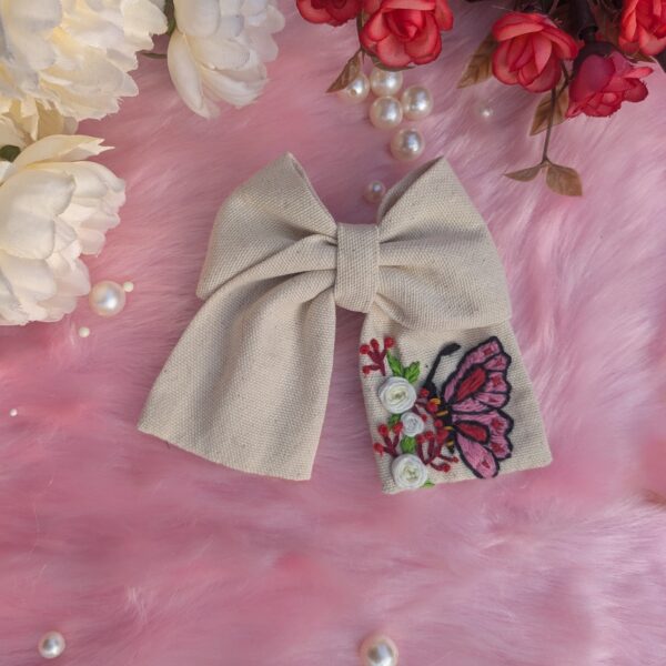 White Cotton Hair Bow with Butterfly in Garden Embroidery | Large | Inspired by Nature - Image 2