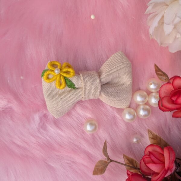 White Cotton Hair Bow with Yellow Petal Flower Embroidery | Small - Image 3