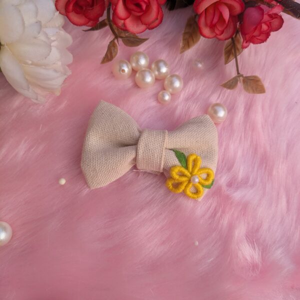 White Cotton Hair Bow with Yellow Petal Flower Embroidery | Small