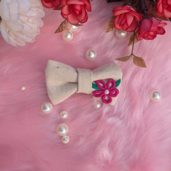 White Cotton Hair Bow with Pink Petal Flower Embroidery | Small - Image 2