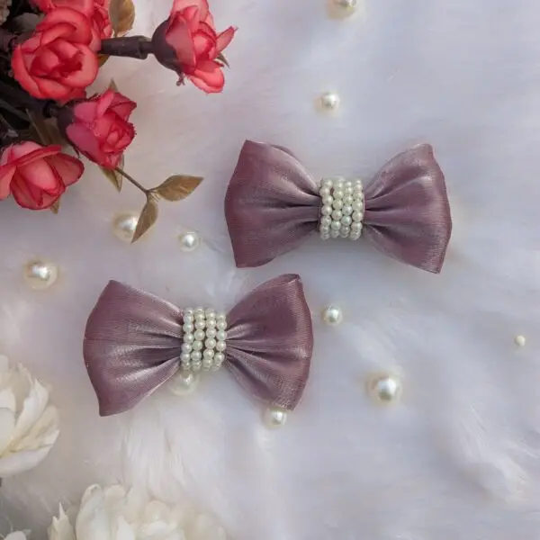 Luxury Hair Bow with Pearls, Premium Organza Fabric, Handmade, Old Lavender, Set of 2 - Image 2