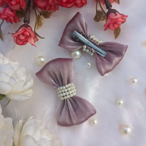 Luxury Hair Bow with Pearls, Premium Organza Fabric, Handmade, Old Lavender, Set of 2 - Image 3