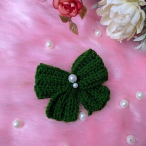 Green Colored Woolen Hair Bow with Pearls in Center | Medium Size | Crochet | Handmade