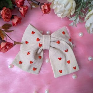 White Cotton Hair Bow with Lovely Heart Embroidery | Large | Inspired by Nature