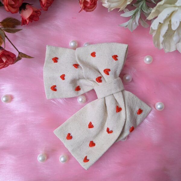 White Cotton Hair Bow with Lovely Heart Embroidery | Large | Handmade with Love - Image 3