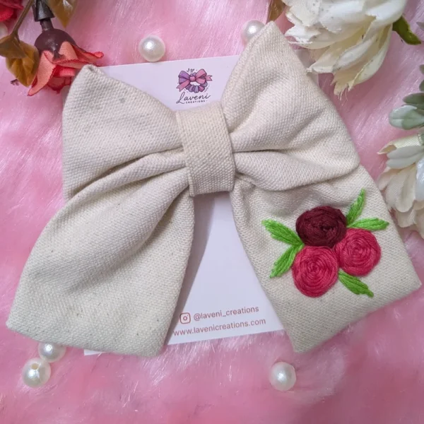 Laveni Creations Handmade Pink Rose Embroidered Large Hair Bow with French Barrette Clip | Elegant, Stylish & Durable Hair Accessory for Women & Girls | Premium Handmade Design - Image 3