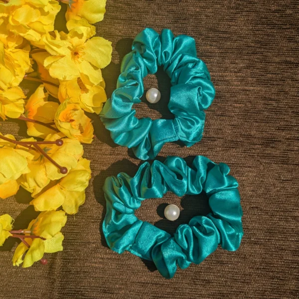 Teal Green Satin Scrunchies for Girls and Women | Pack of 2 - Image 3